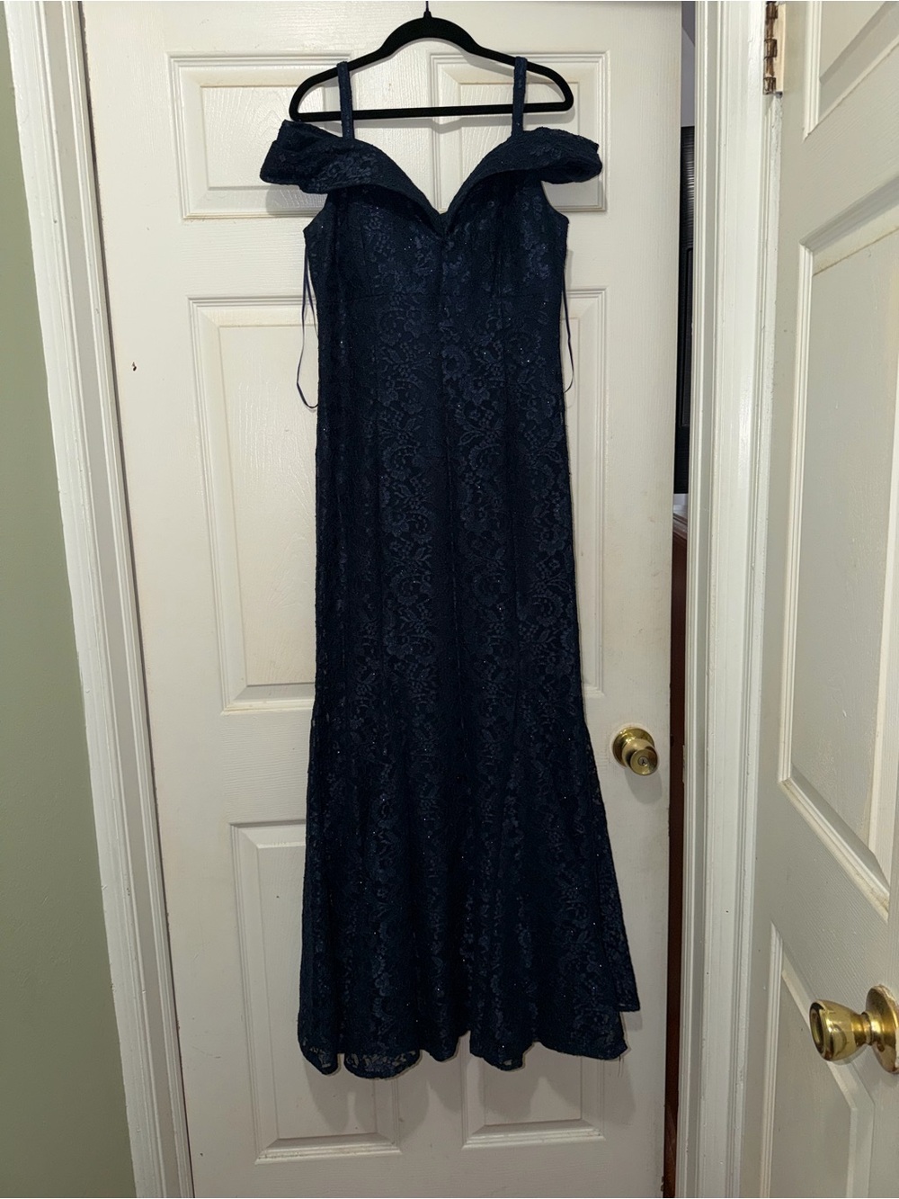 R&M Richards Navy Lace Off-Shoulder Evening Gown